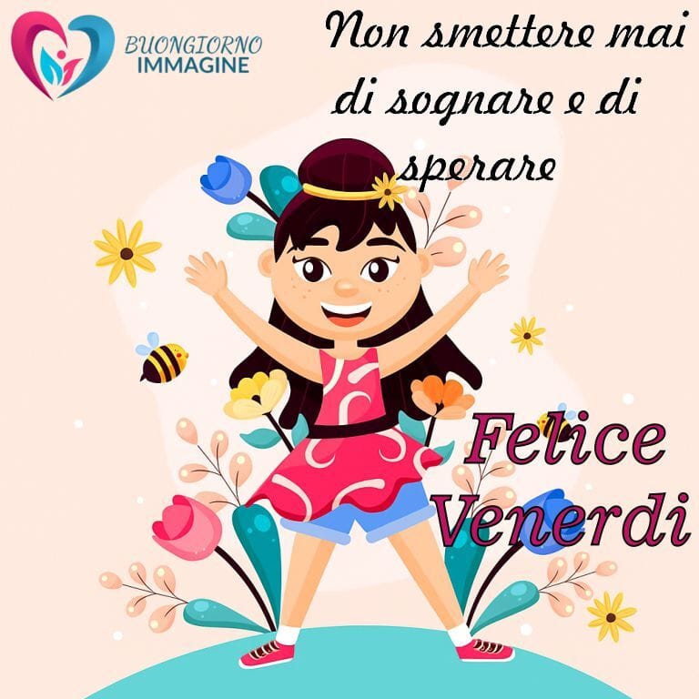 Una allegra immagine buongiorno venerdì che mostra una ragazza con le braccia alzate circondata da fiori colorati e api, perfetta per un saluto di buon venerdì.