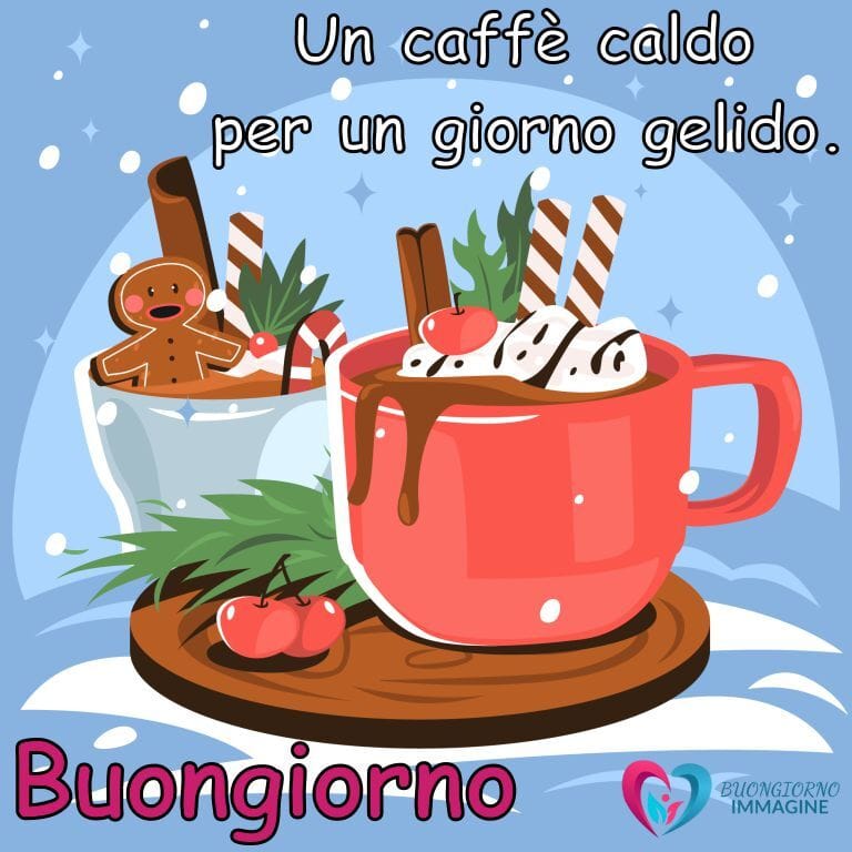 Un'illustrazione allegra di una tazza di caffè caldo con panna montata, cioccolato colato, bastoncini di cannella e una figurina di pan di zenzero, ambientata su uno sfondo innevato con il testo "Un caffè caldo per un giorno gelido" e "Buongiorno" in lettere bold.