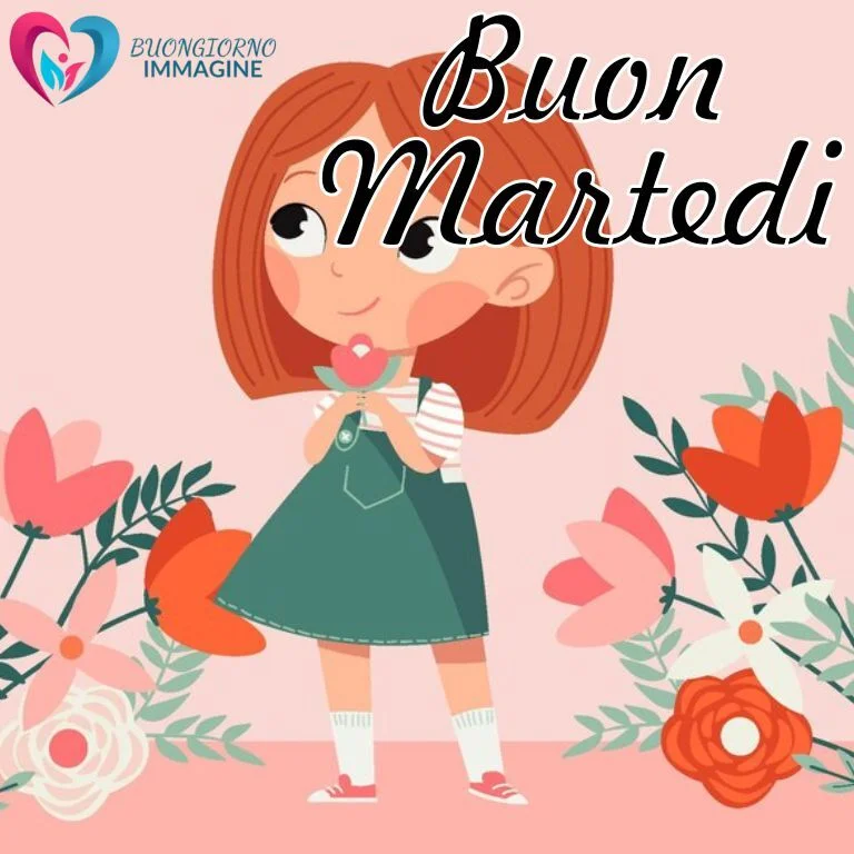Una bambina sorridente con un fiore tra fiori colorati, featuring immagini buongiorno buon martedì.