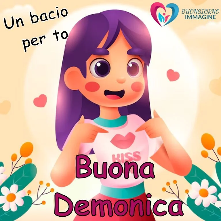 Immagini buongiorno e buona domenica con una ragazza sorridente che indossa una maglietta con cuore e "Kiss", circondata da fiori e cuori, per auguri affettuosi.