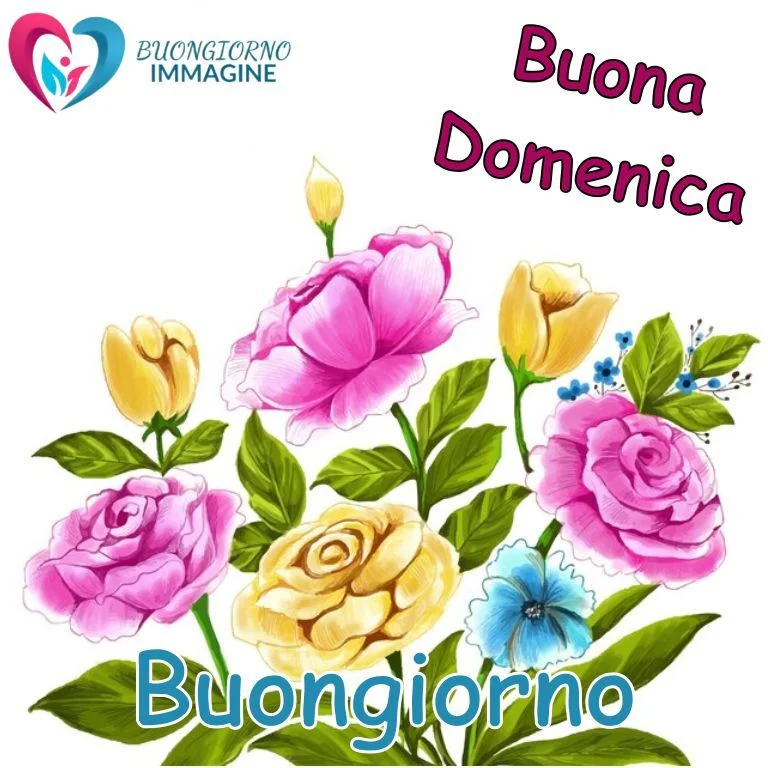 Immagini buongiorno e buona domenica con un bouquet di rose, tulipani e fiori blu, perfette per auguri floreali e pieni di allegria.