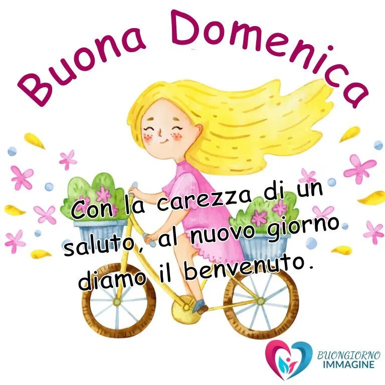 Immagini buongiorno e buona domenica con una bambina che pedala su una bicicletta decorata con fiori, per auguri delicati e colorati.