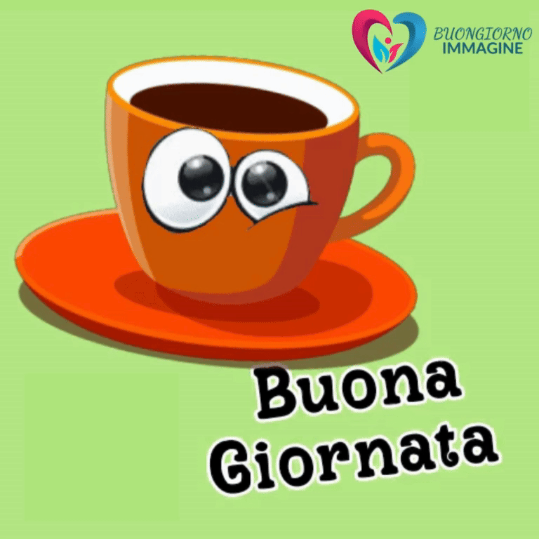 Una tazza arancione con espressione sorpresa e caffè, su un piattino arancione, con testo "Buona Giornata", su sfondo verde.