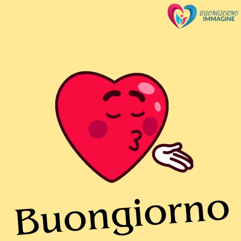 Un cuore rosso con espressione che manda un bacio e una mano, con testo "Buongiorno", su sfondo giallo.