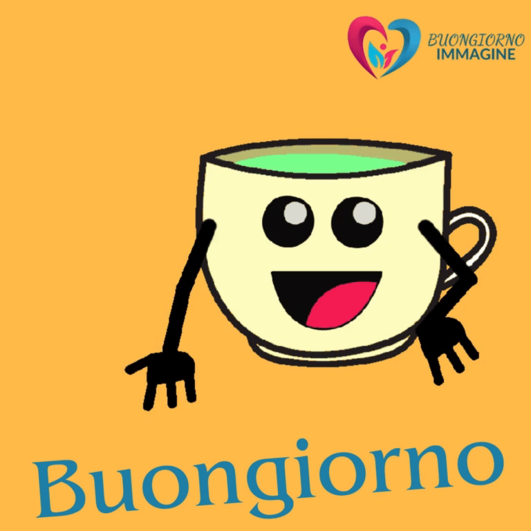 Una tazza sorridente con braccia e bevanda verde, con testo "Buongiorno", su sfondo giallo.
