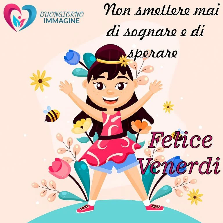 Una allegra immagine buongiorno venerdì che mostra una ragazza con le braccia alzate circondata da fiori colorati e api, perfetta per un saluto di buon venerdì.