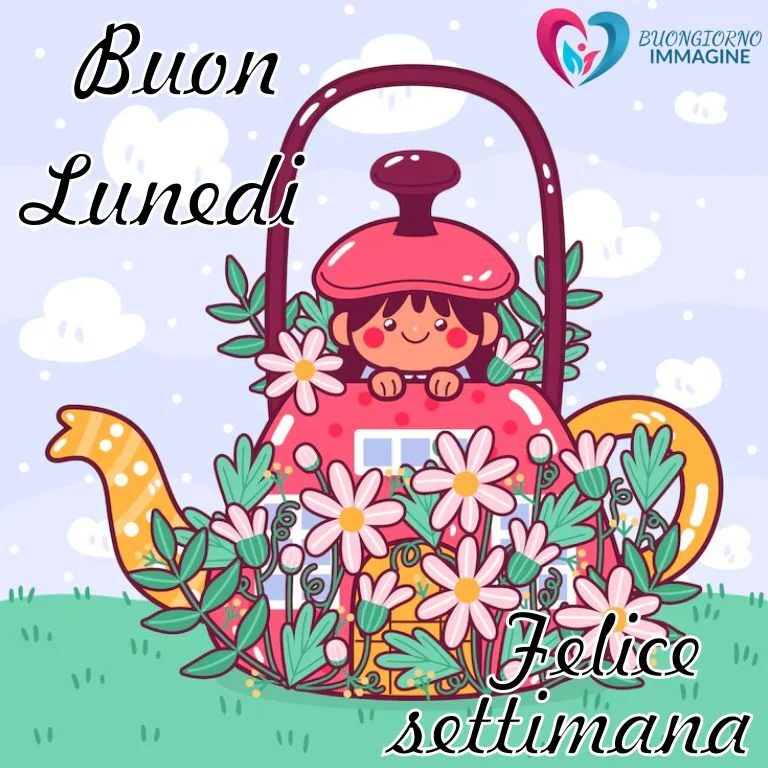 Ragazza cartoon su una teiera rosa circondata da fiori con il messaggio 'Ti mando un super bacio!! - Buon Sabato' - sabato nuovissime buongiorno immagini recenti per un saluto allegro e affettuoso.