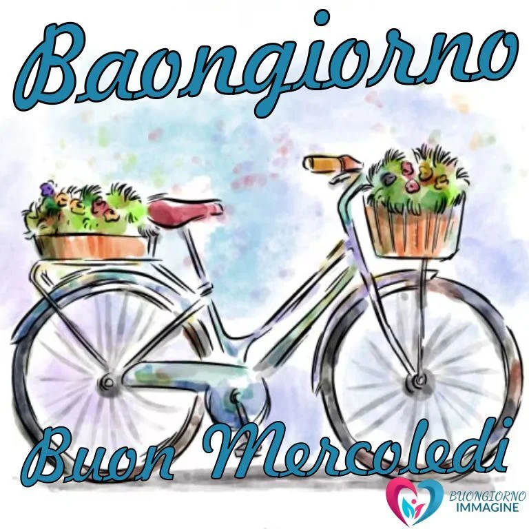 Immagine di buongiorno mercoledì immagini nuove con una bicicletta colorata e cestini di fiori per augurare una splendida giornata.