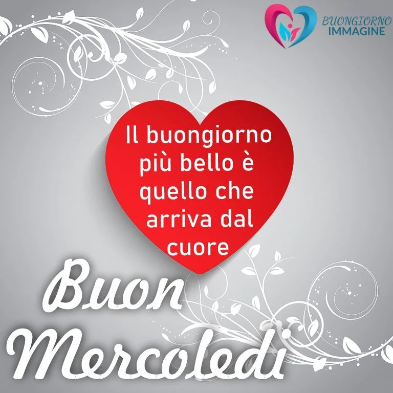 Immagine di buongiorno mercoledì immagini nuove con un cuore rosso e decorazioni floreali per un augurio speciale.