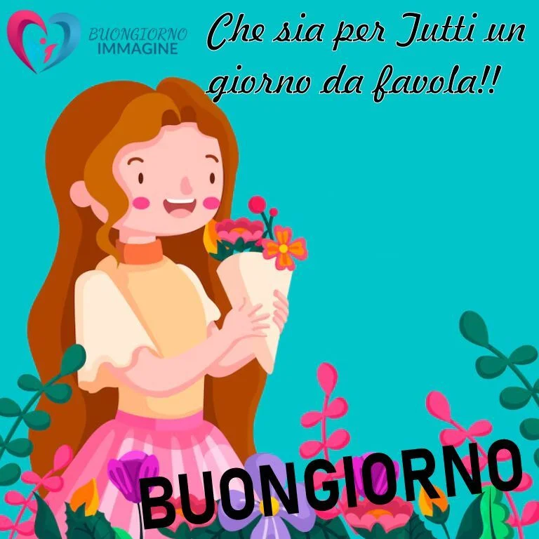 Ragazza cartoon con bouquet di fiori e messaggio 'Un bacio ed un saluto ed è subito un Buon Sabato' - sabato nuovissime buongiorno immagini recenti per un saluto colorato e pieno di affetto.