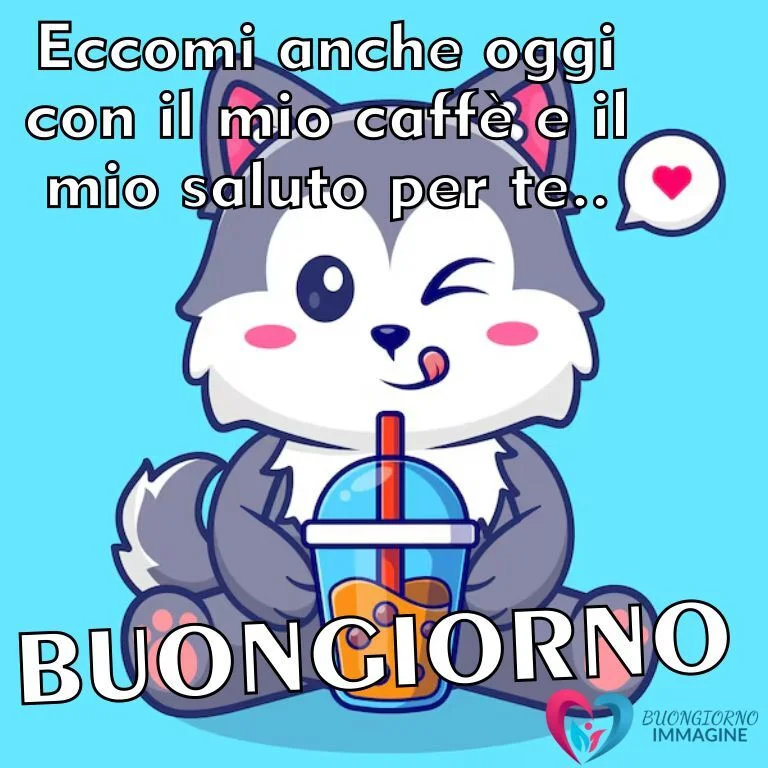 Un cane con caffè e saluto.