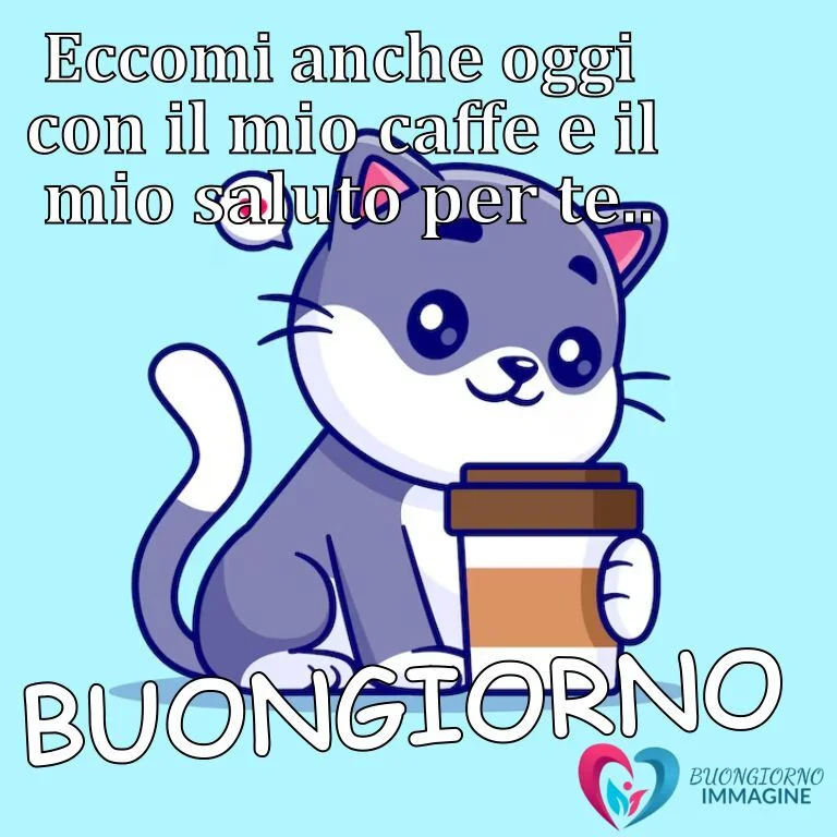 Un gatto con caffè per un buongiorno italiano pieno di allegria.