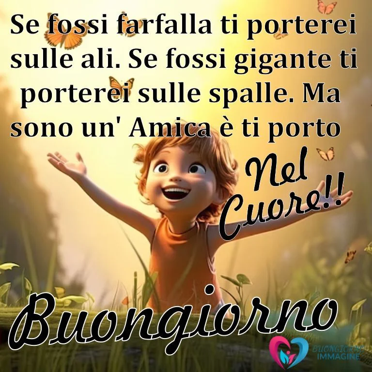Immagine buongiorno cuore bambina farfalle e frase Ti porto nel cuore - Buongiorno Immagine