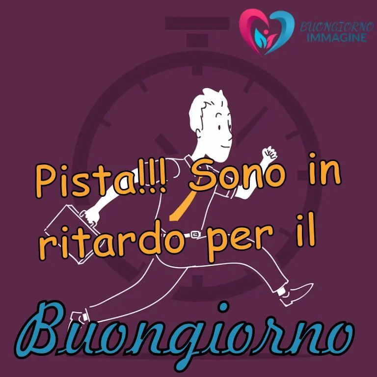 Uomo con valigetta che corre davanti a orologio dice pista sono in ritardo per il buongiorno