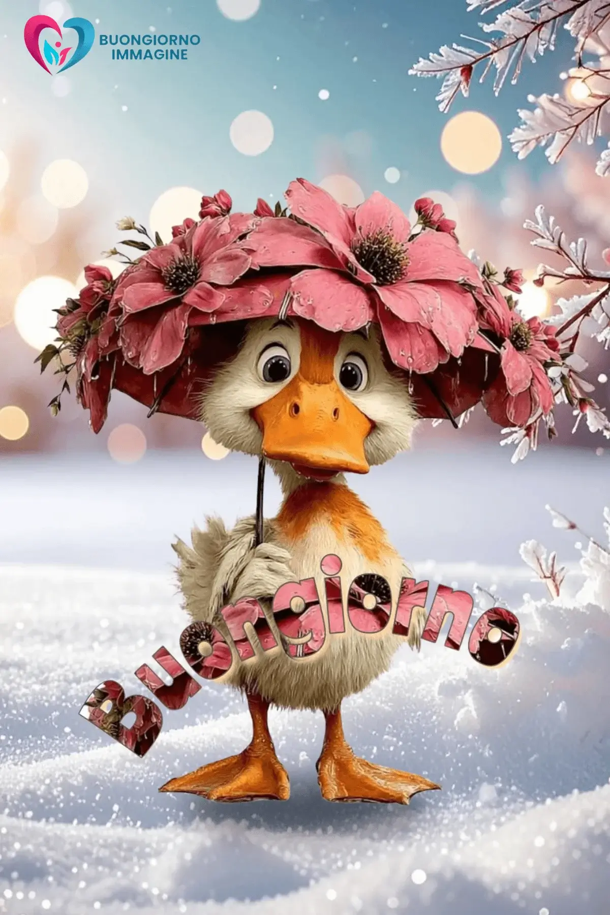 immagini buongiorno nuovissimi gratis Anatra con cappello di fiori augura buon g