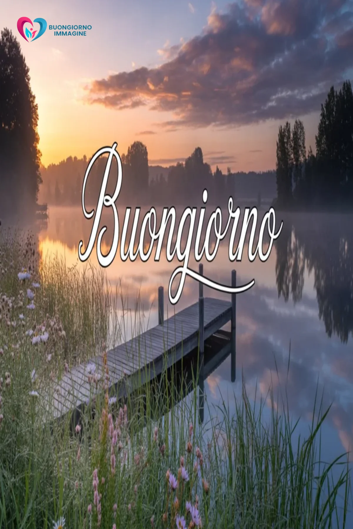 immagini buongiorno nuovissimi gratis Pontile sul lago al tramonto con scritta b — buongiornoimmagine.it