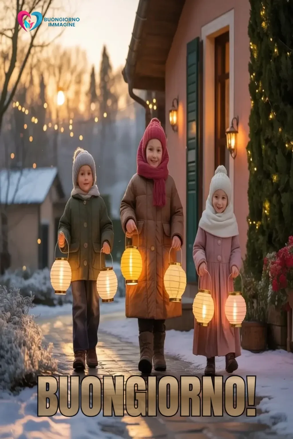 Bambini con lanterne in inverno.