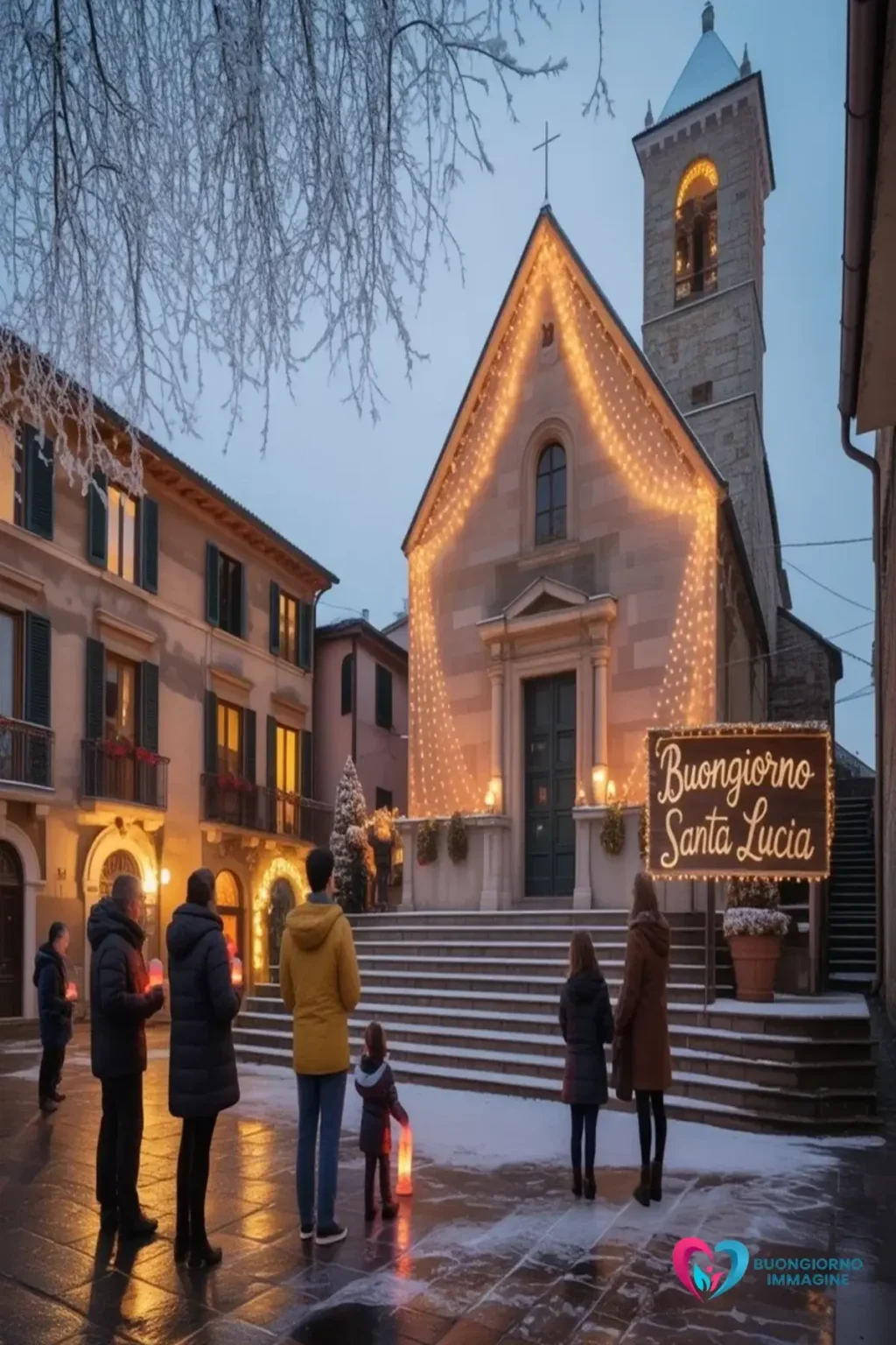 Bambini con lanterne in inverno.