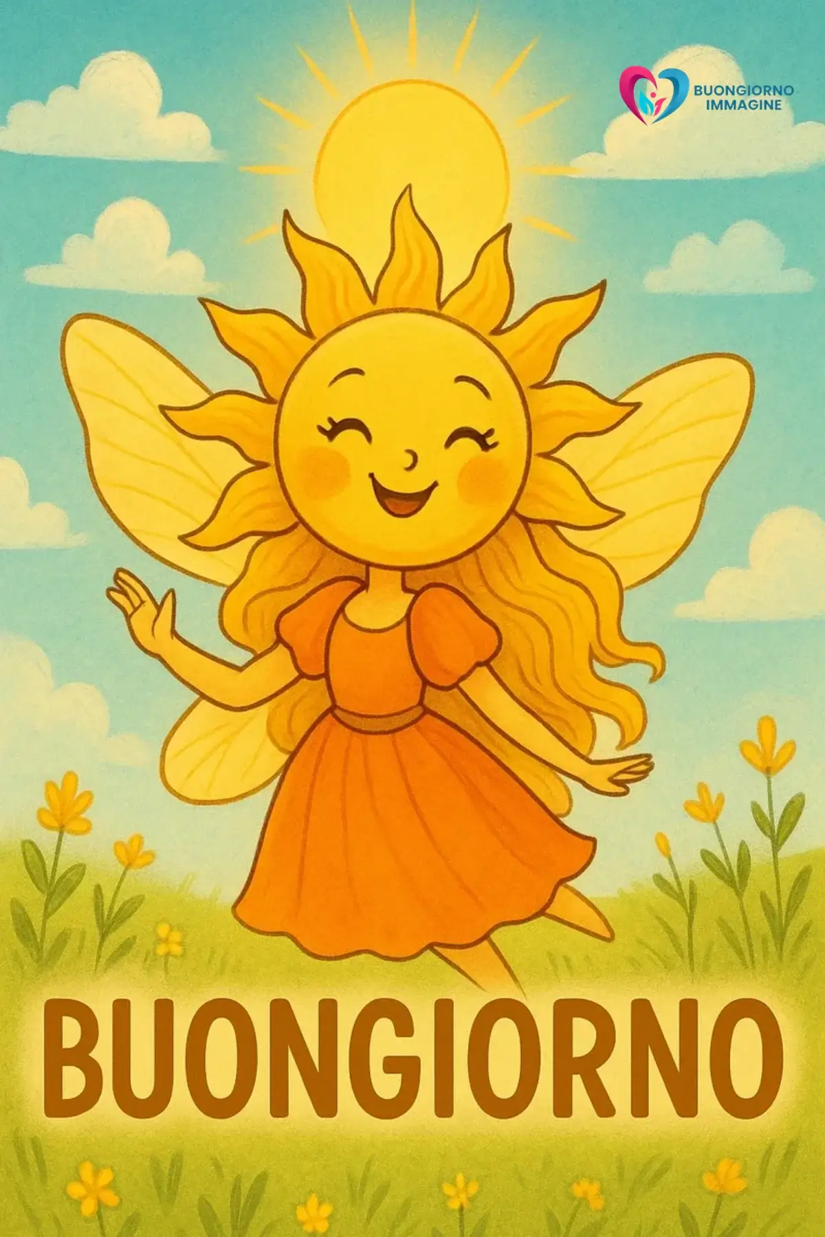 immagini buongiorno nuovissimi gratis Sole antropomorfo con ali dorate sfondo az