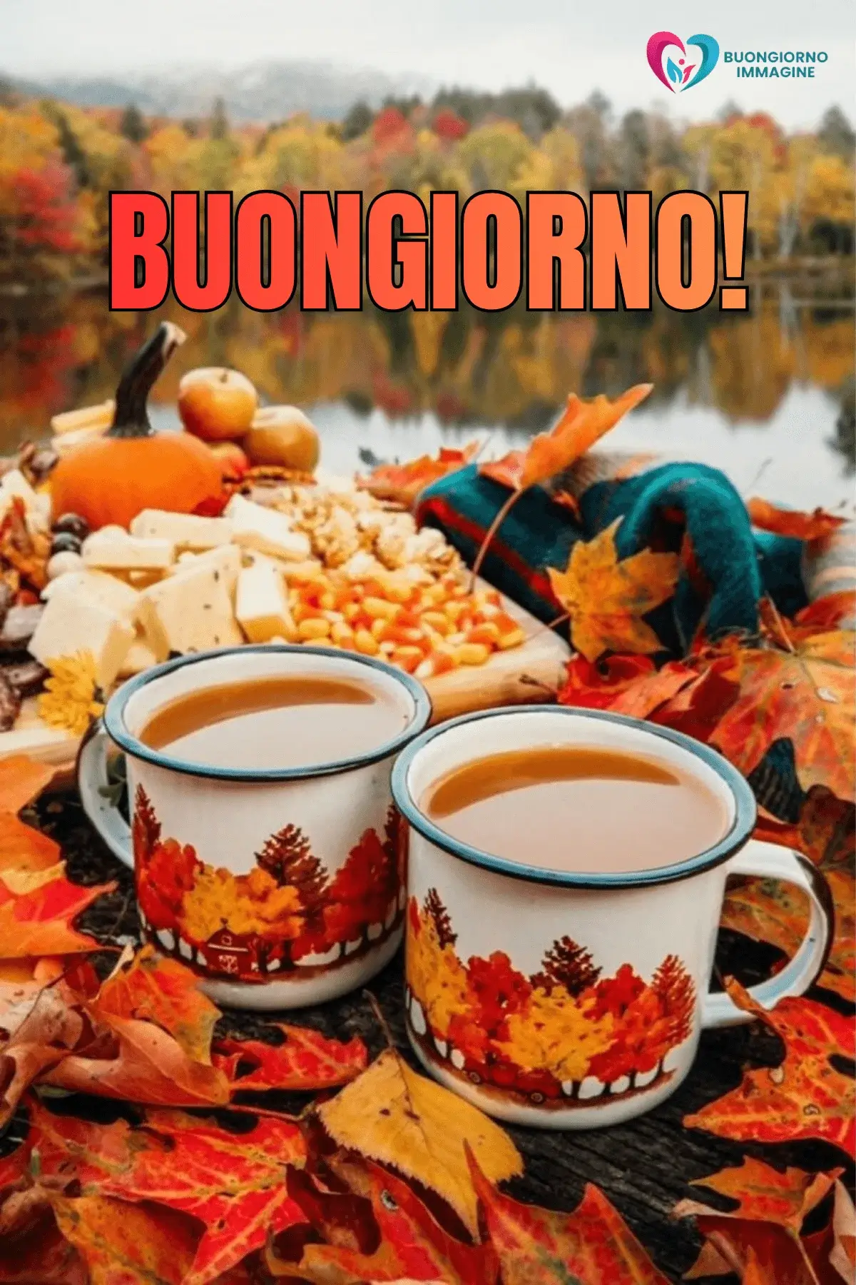 immagini buongiorno nuovissimi gratis Tazze caffè autunnali con foglie colorate