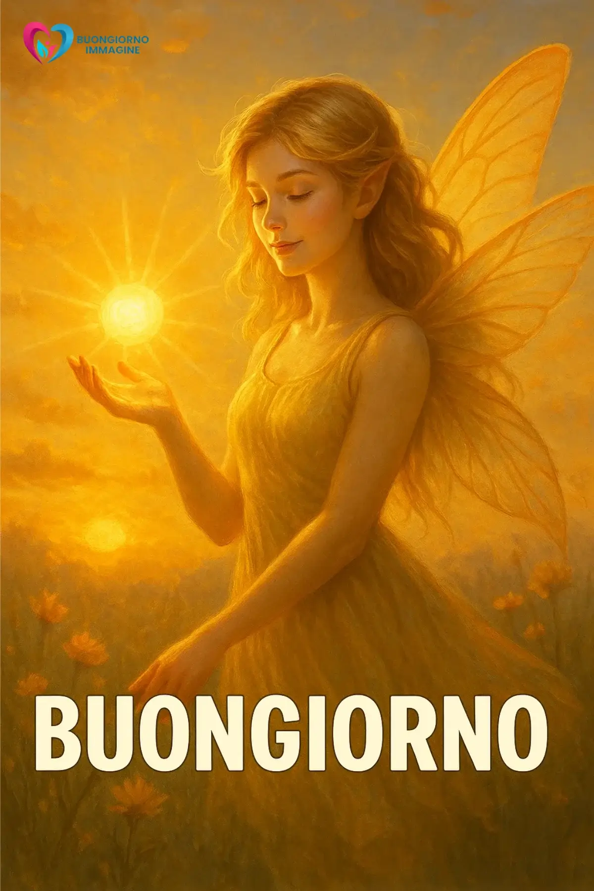 immagini buongiorno nuovissimi gratis Angelo dorato al tramonto con scritta buon