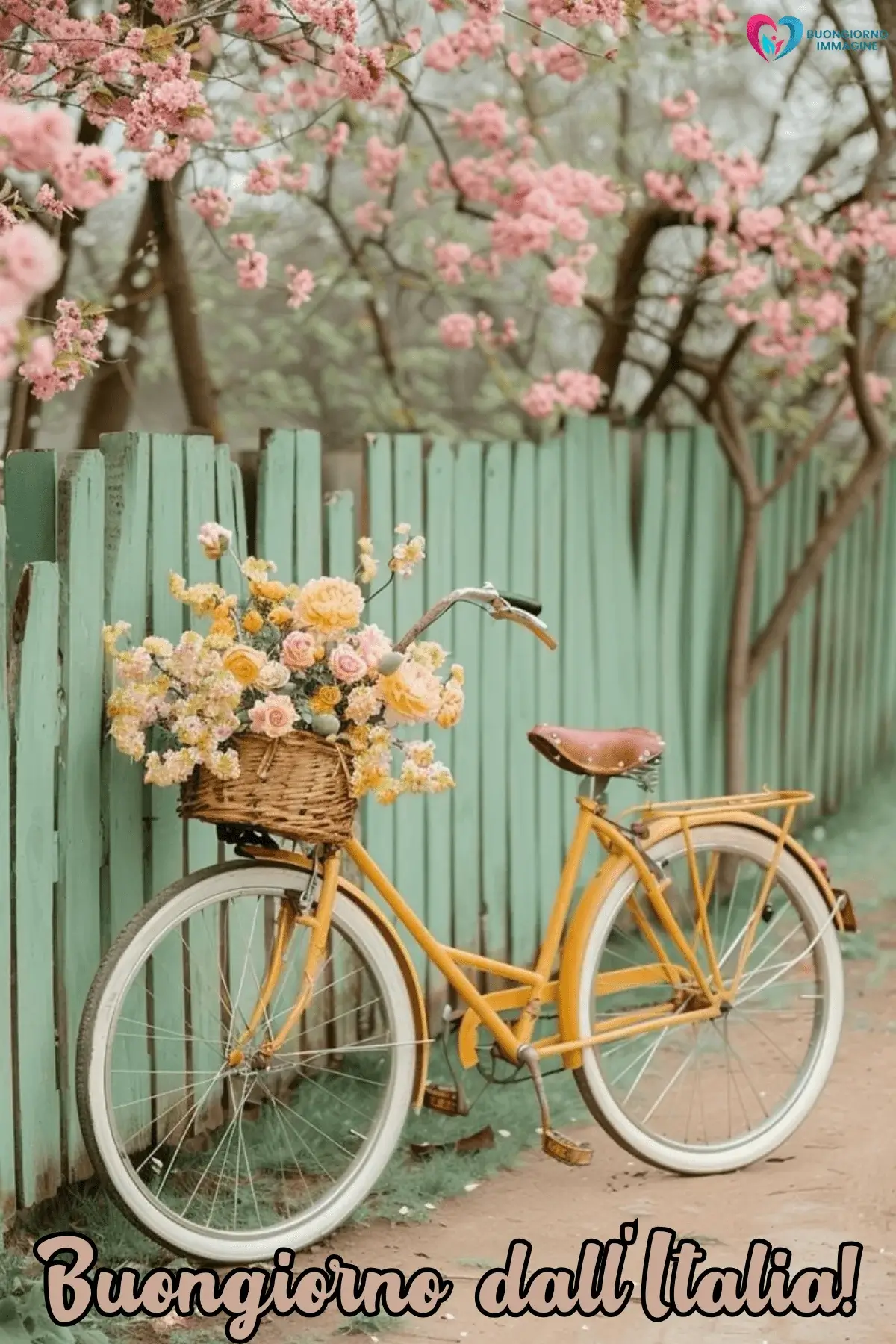 immagini buongiorno estate bicicletta gialla fiori rosa cesto vimini
