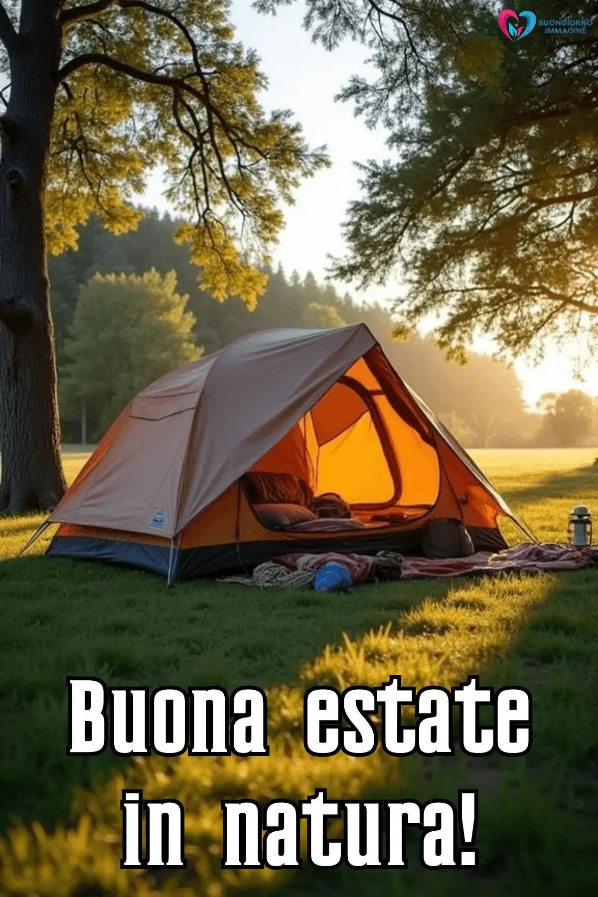 buongiorno estivo whatsapp tenda illuminata alberi tramonto campeggio