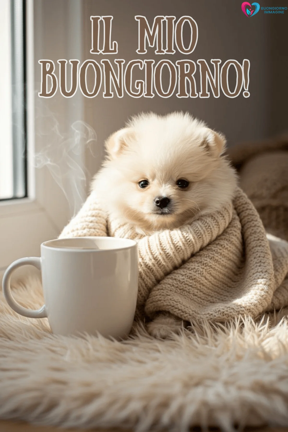Buongiorno con cucciolo e tazza caffè