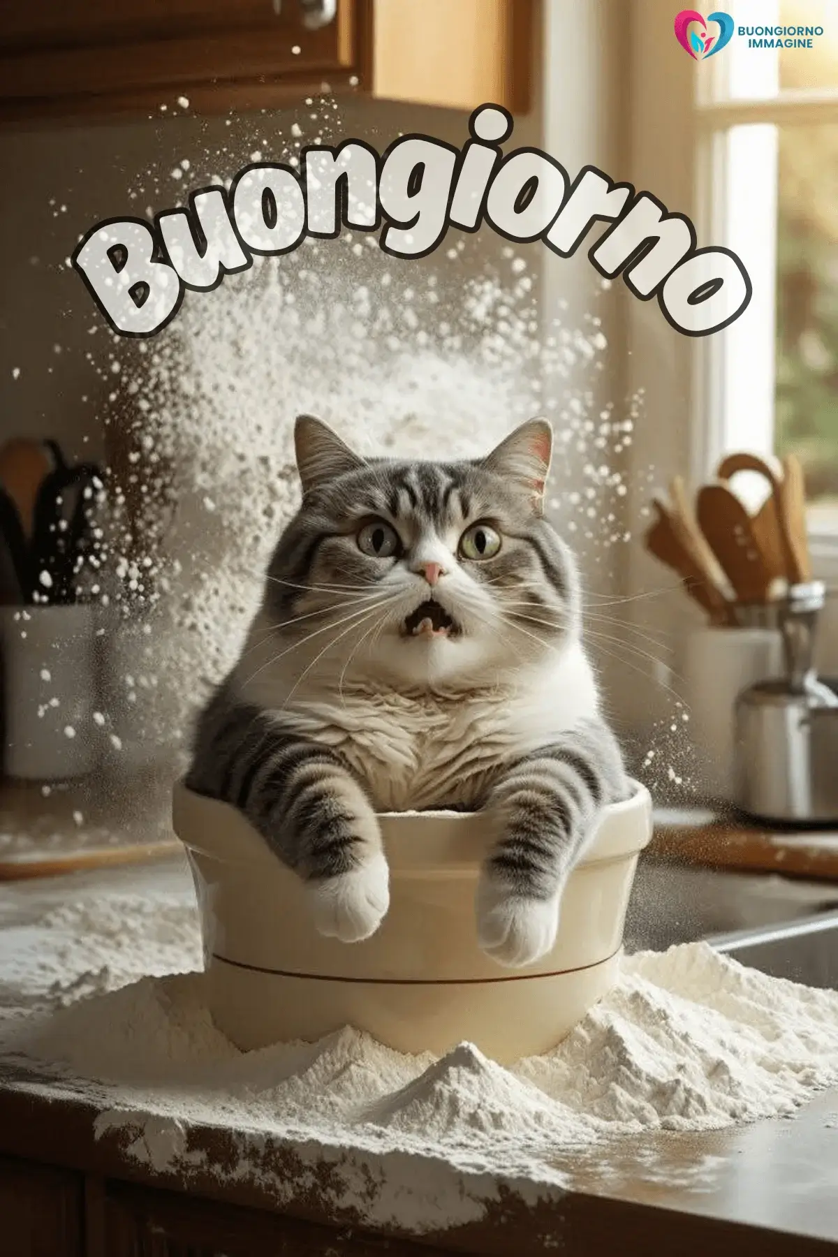 Buongiorno gatto grigio seduto in cucina