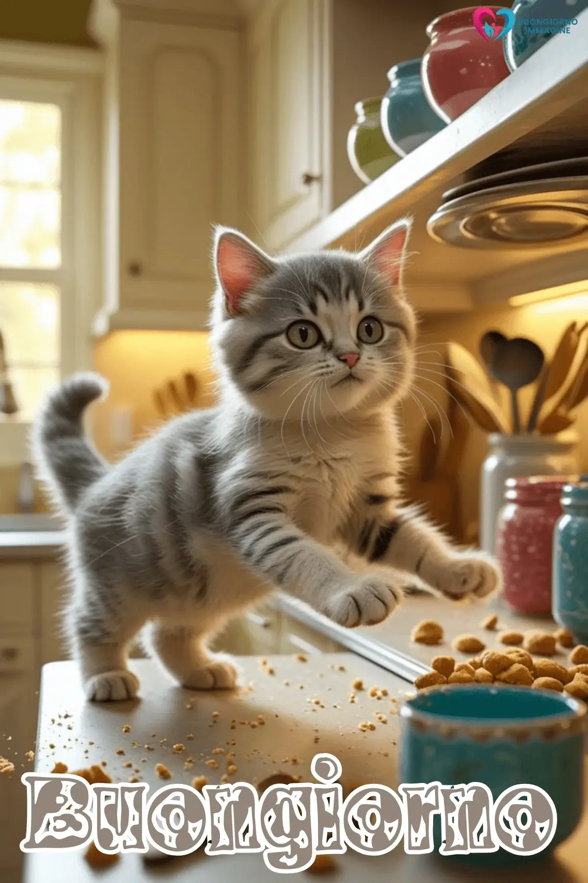 Immagini buongiorno gattino grigio curioso