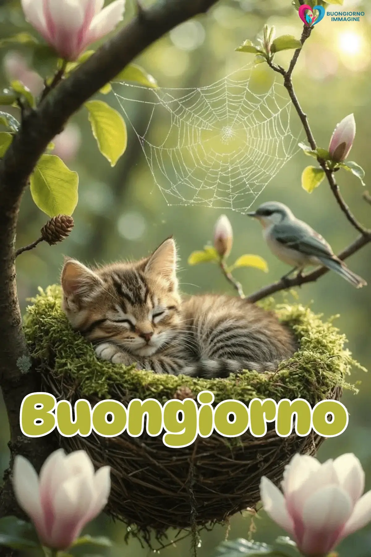 Buongiorno gattino nel nido con uccellino