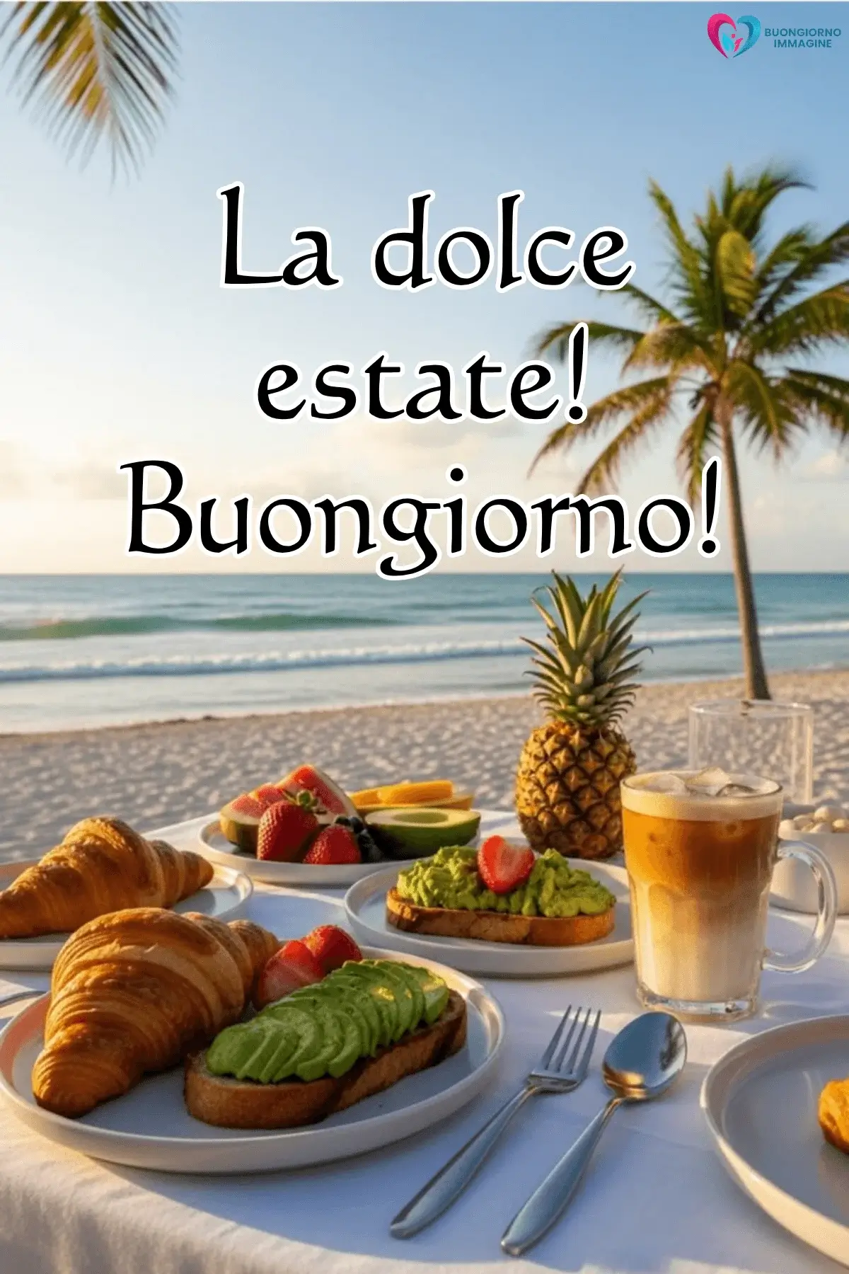 immagini buongiorno estate colazione tropicale palme ananas croissant