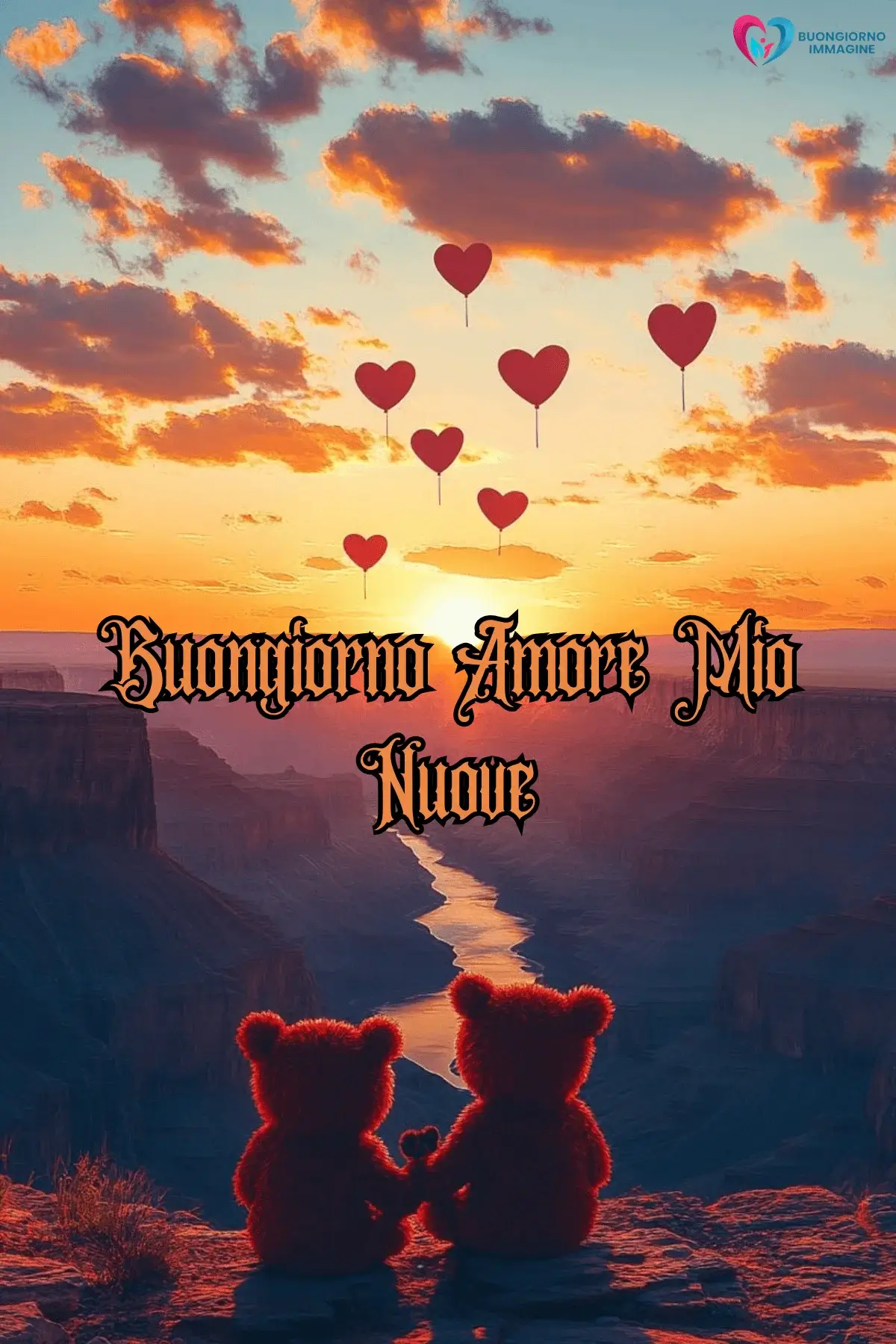 Buongiorno romantico con cuori al tramonto