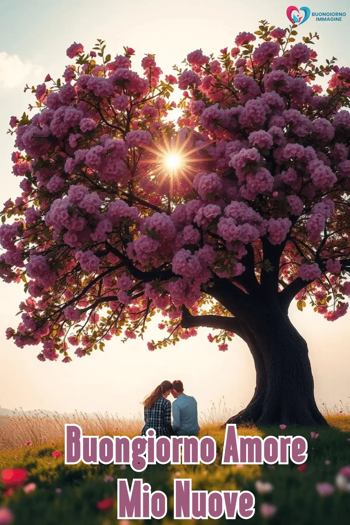 Buongiorno con albero fiorito e coppia