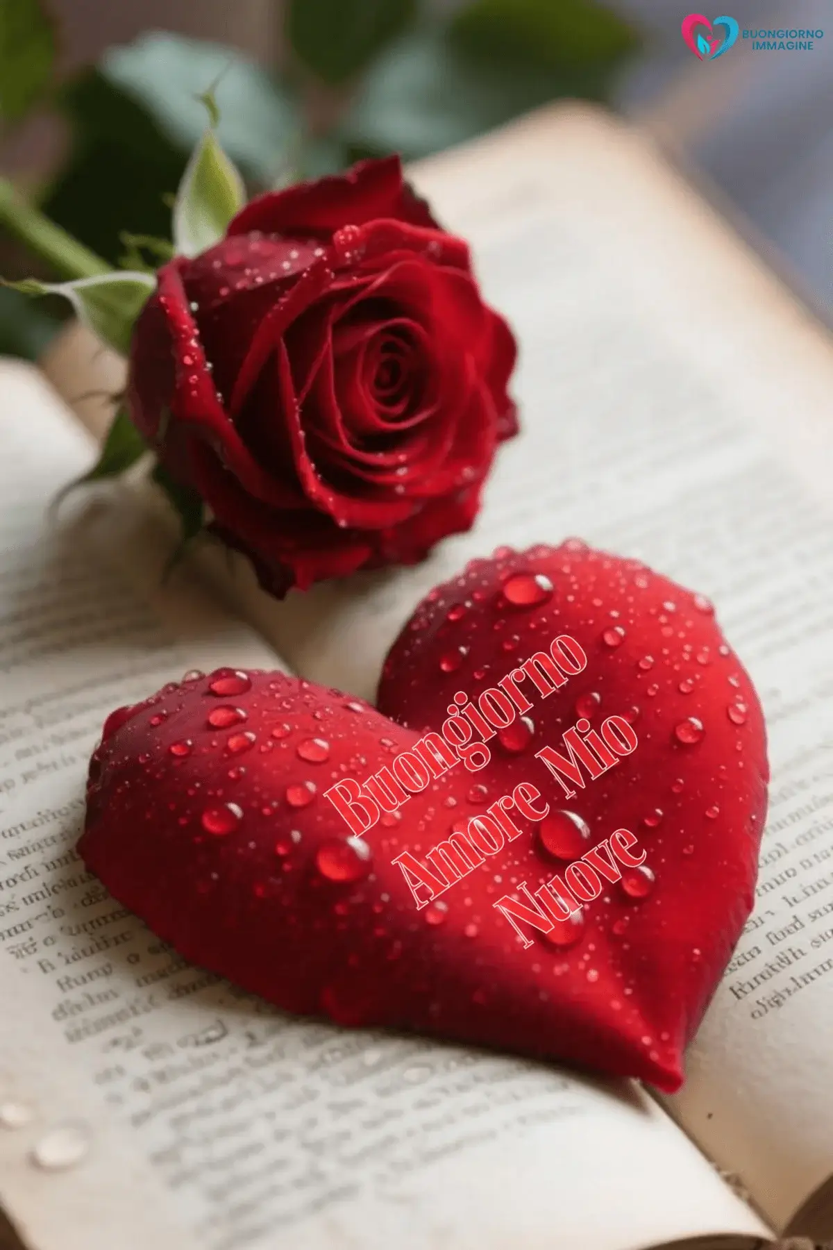 Buongiorno con rosa rossa e cuore su libro