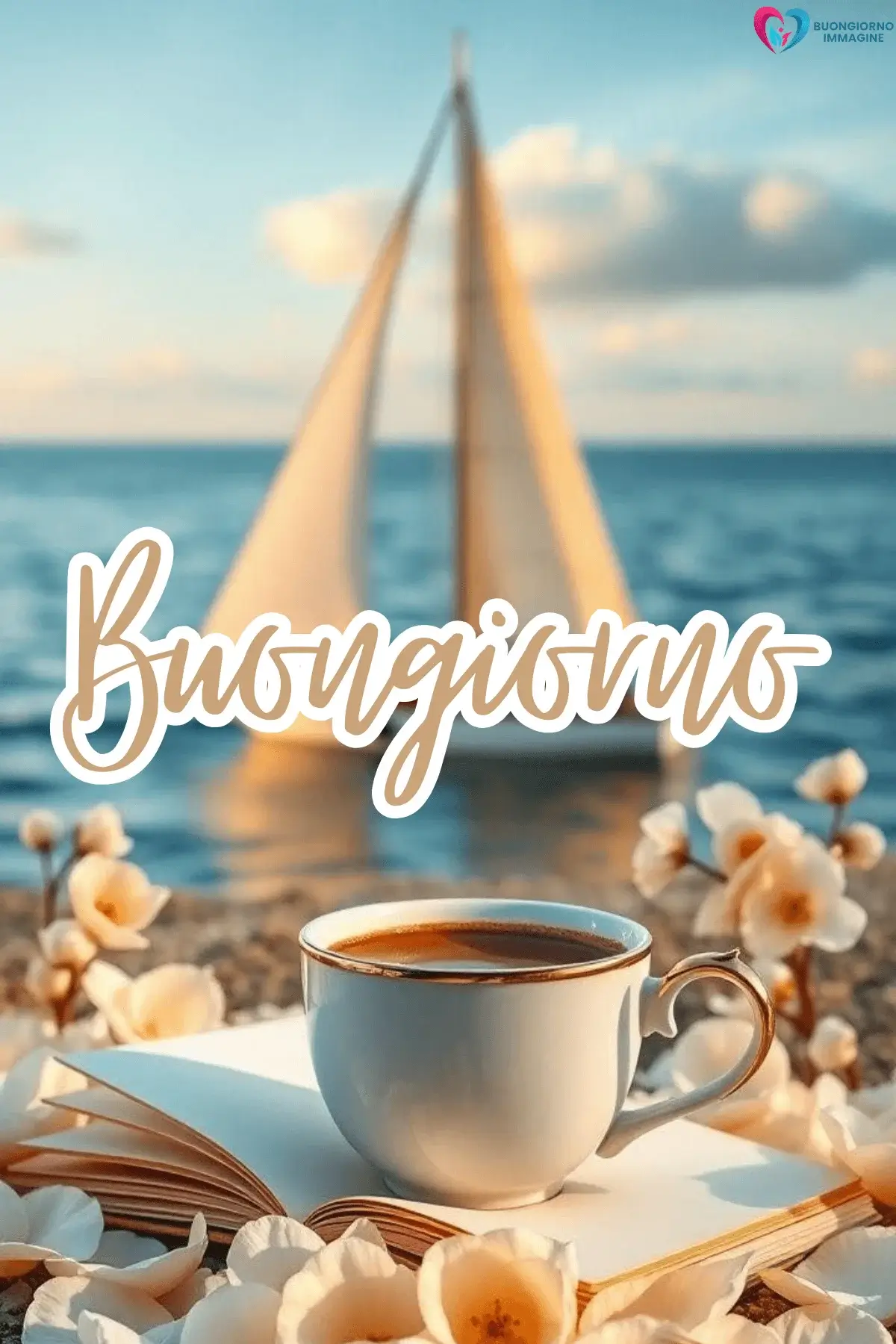 Una tazza di caffè con libro aperto sulla spiaggia al tramonto, vela in background e fiori bianchi, immagini buongiorno gratis