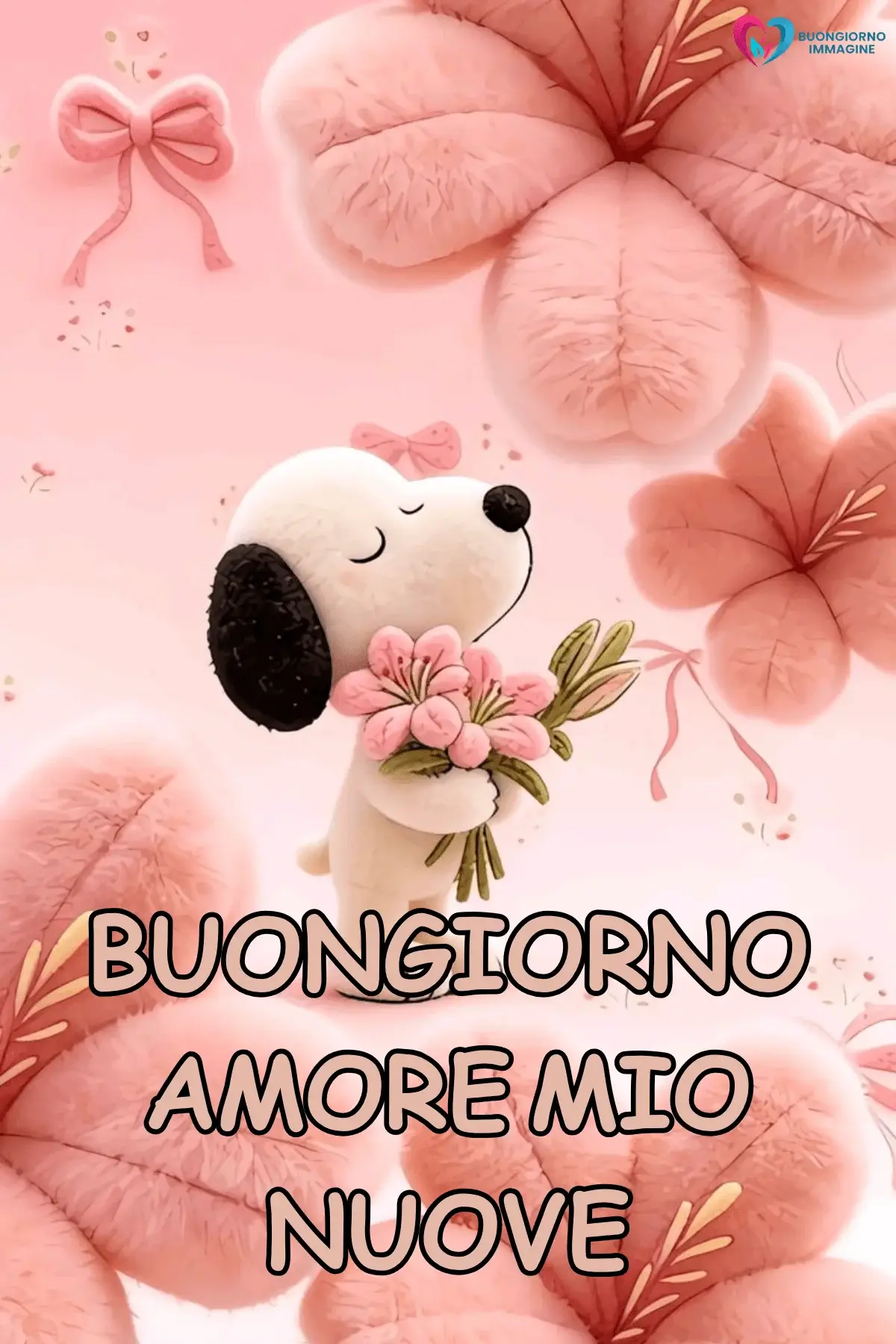Immagini buongiorno con Snoopy e fiori rosa