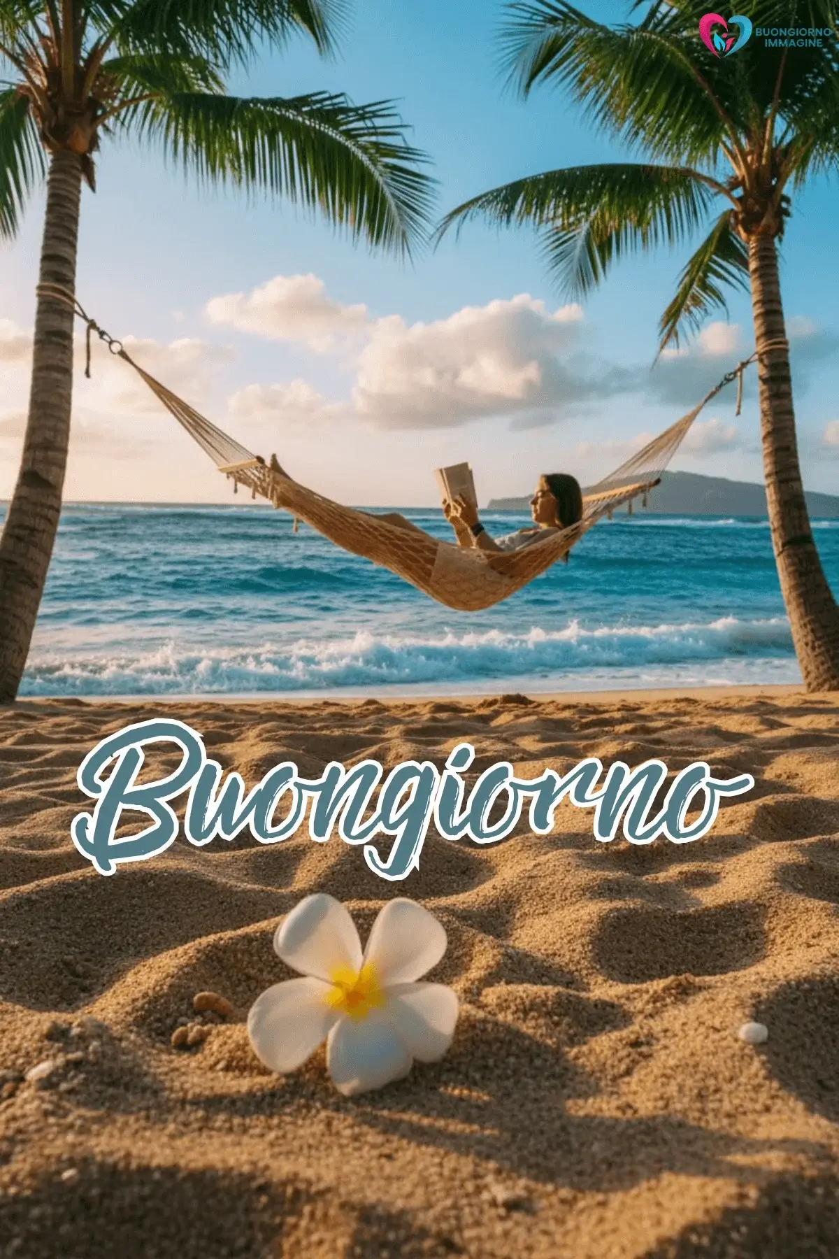 buongiorno estate sereno amaca palme fiore sabbia mare turchese