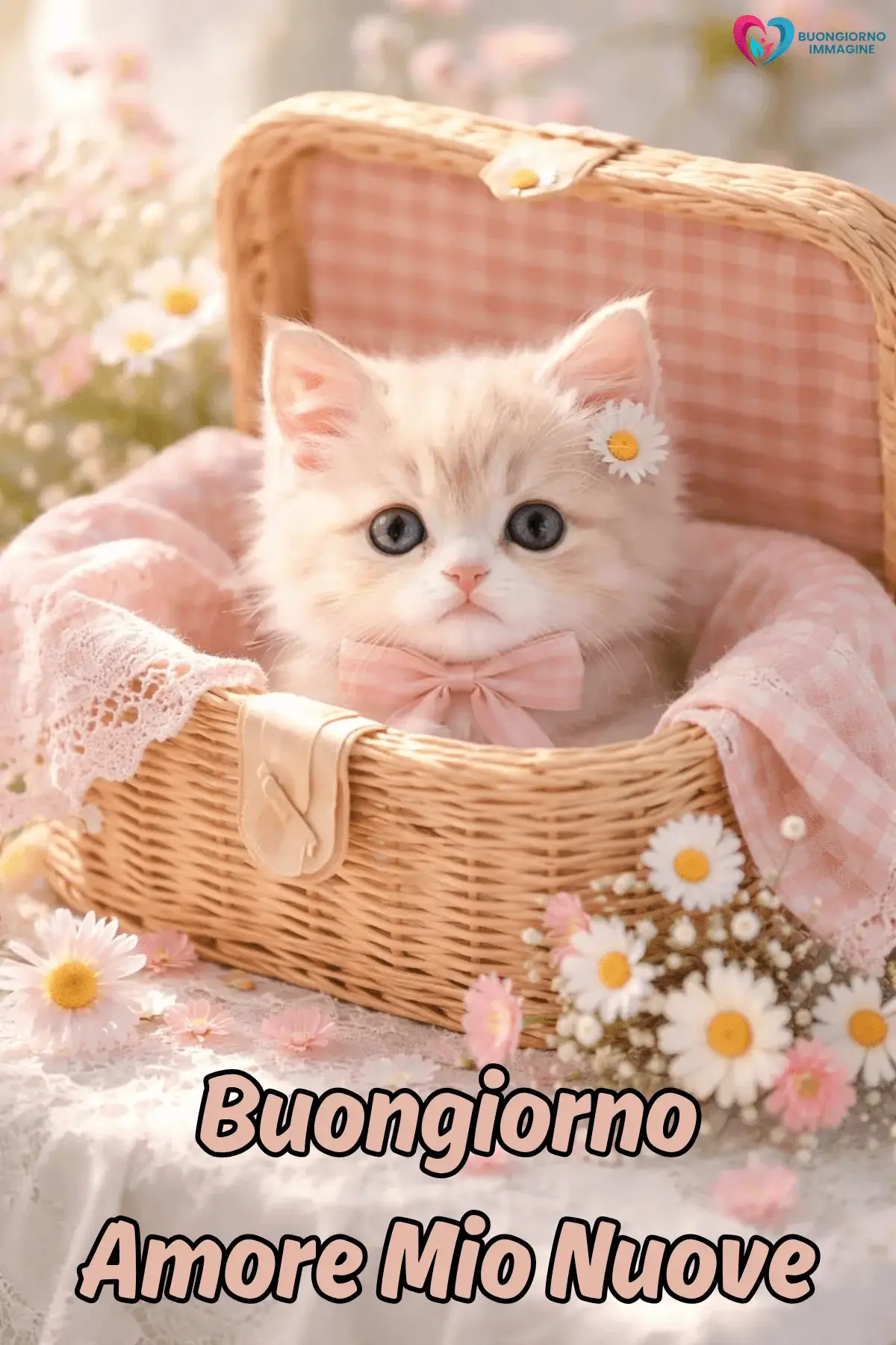 Buongiorno tenero gattino nel cestino rosa