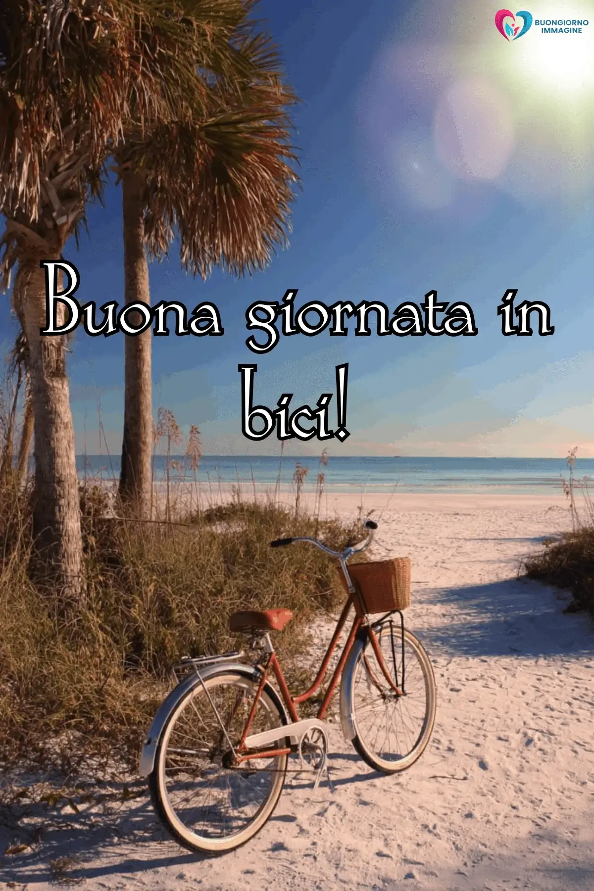 buongiorno estivo whatsapp bicicletta rosa palme sabbia cielo blu