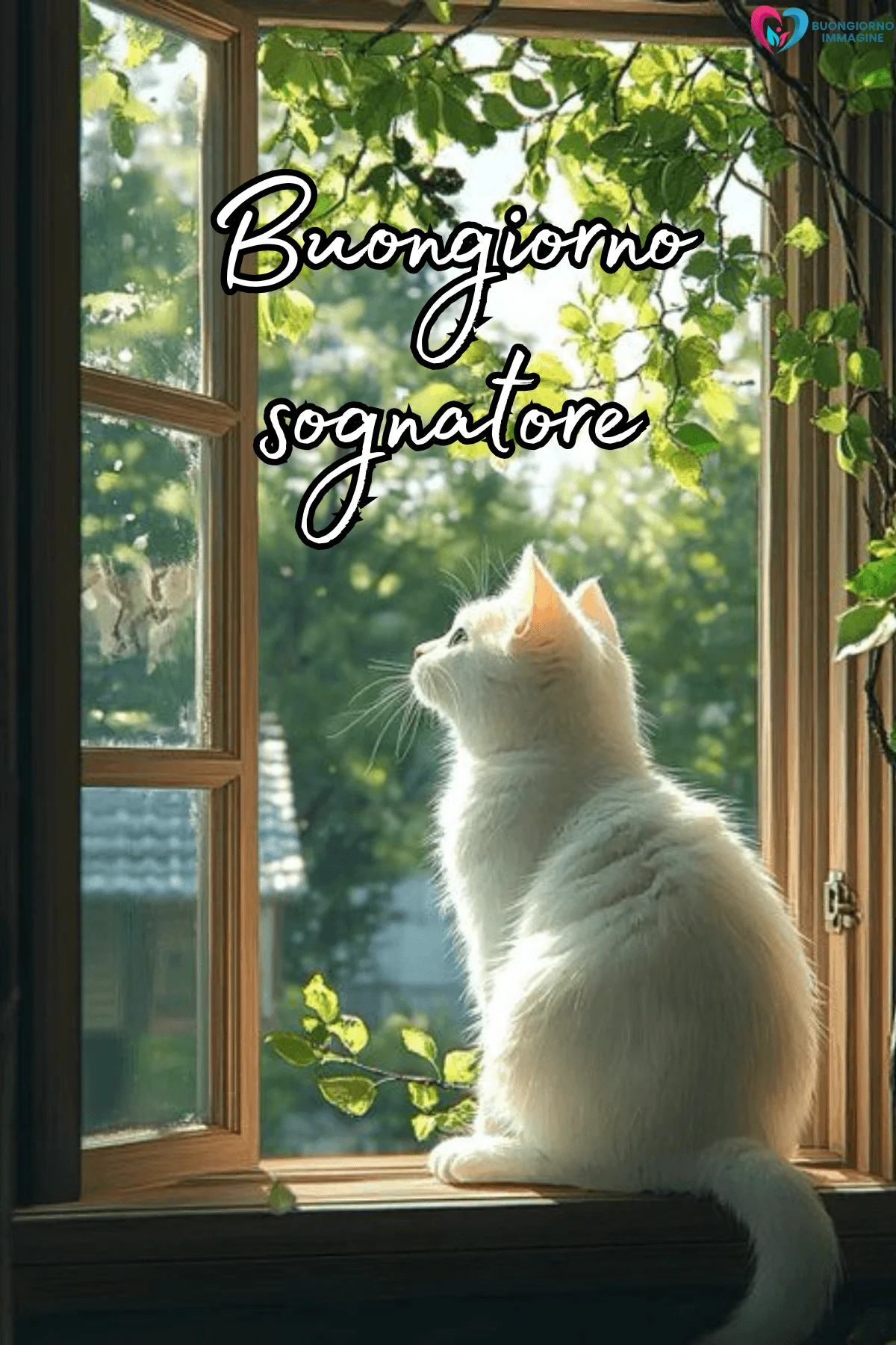 Immagini buongiorno con gatto bianco alla finestra