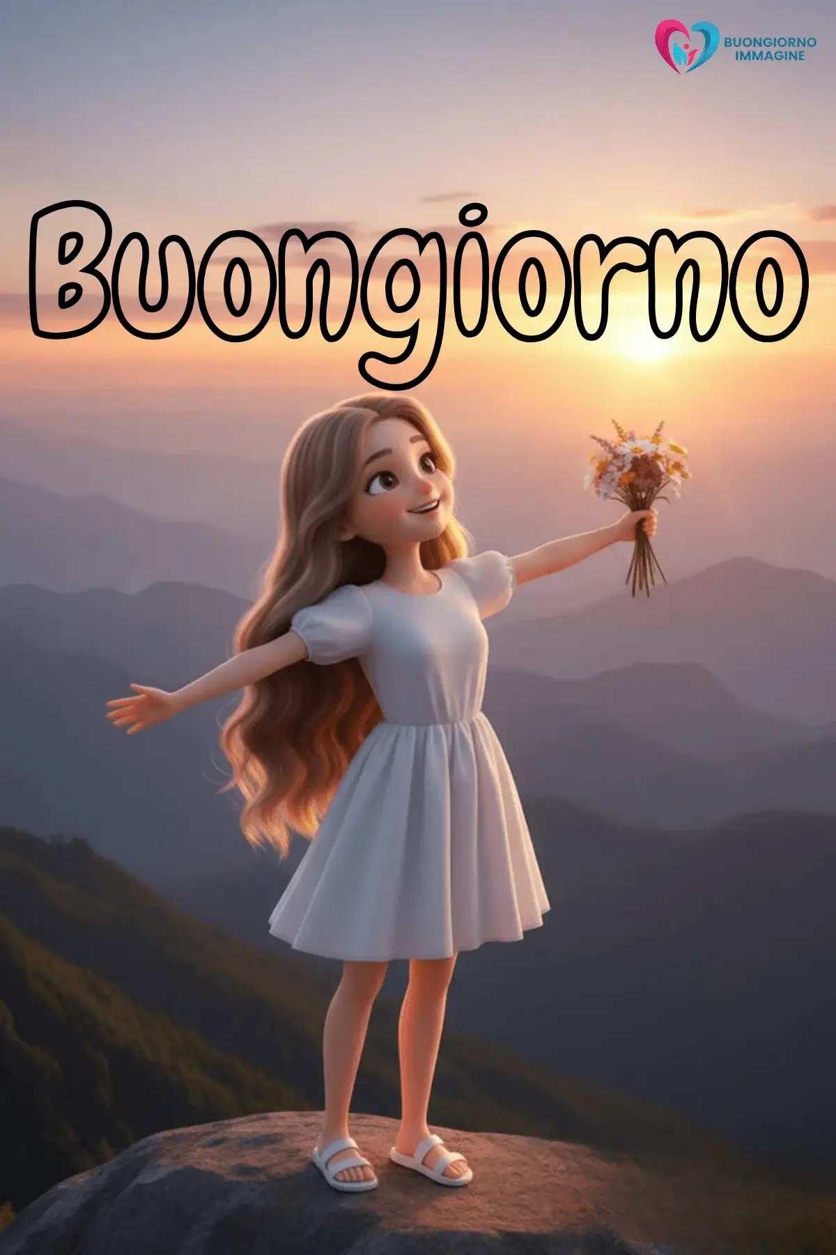 buongiorno bambini cuccioli arcobaleno con fiori colorati e sole