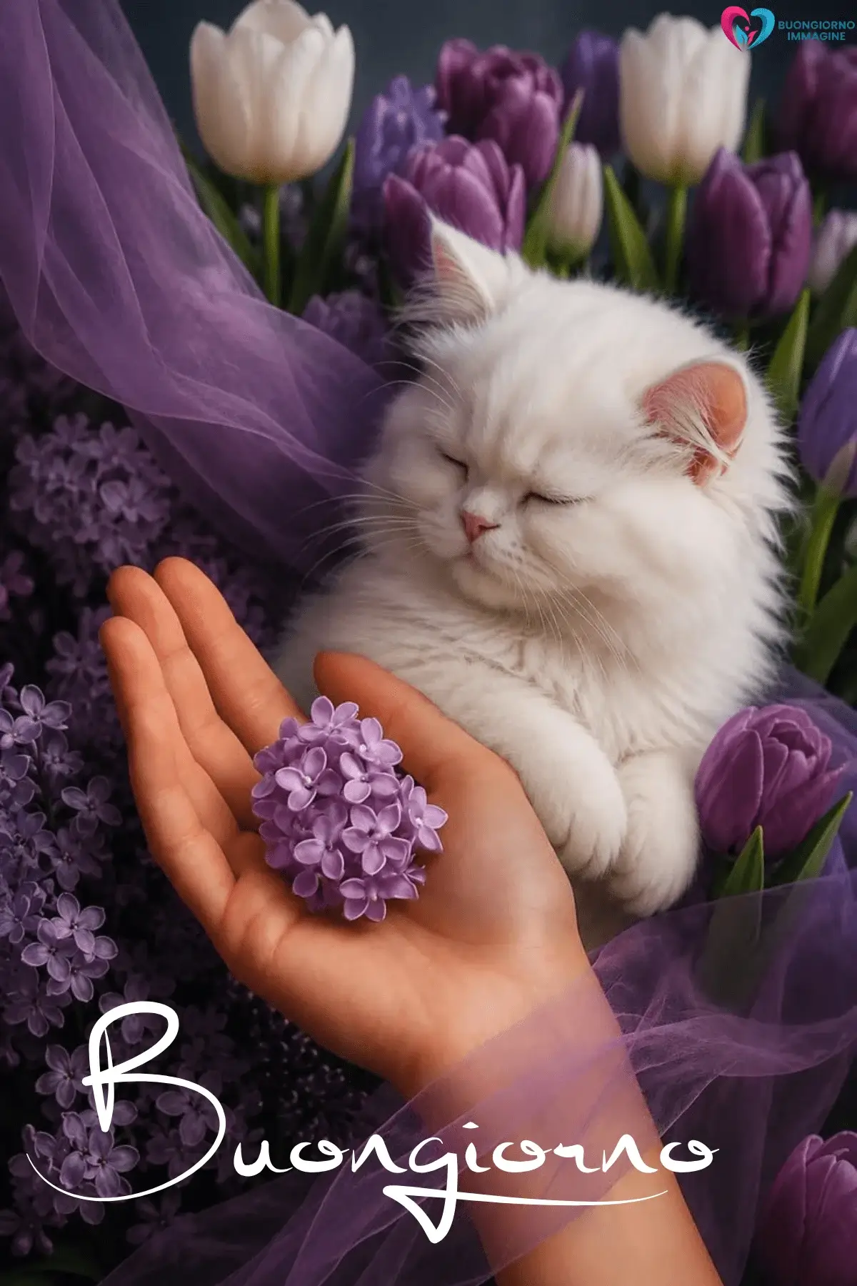 Una mano delicata tiene un fiore lilla davanti a un gattino bianco circondato da tulipani e fiori, immagini buongiorno gratis