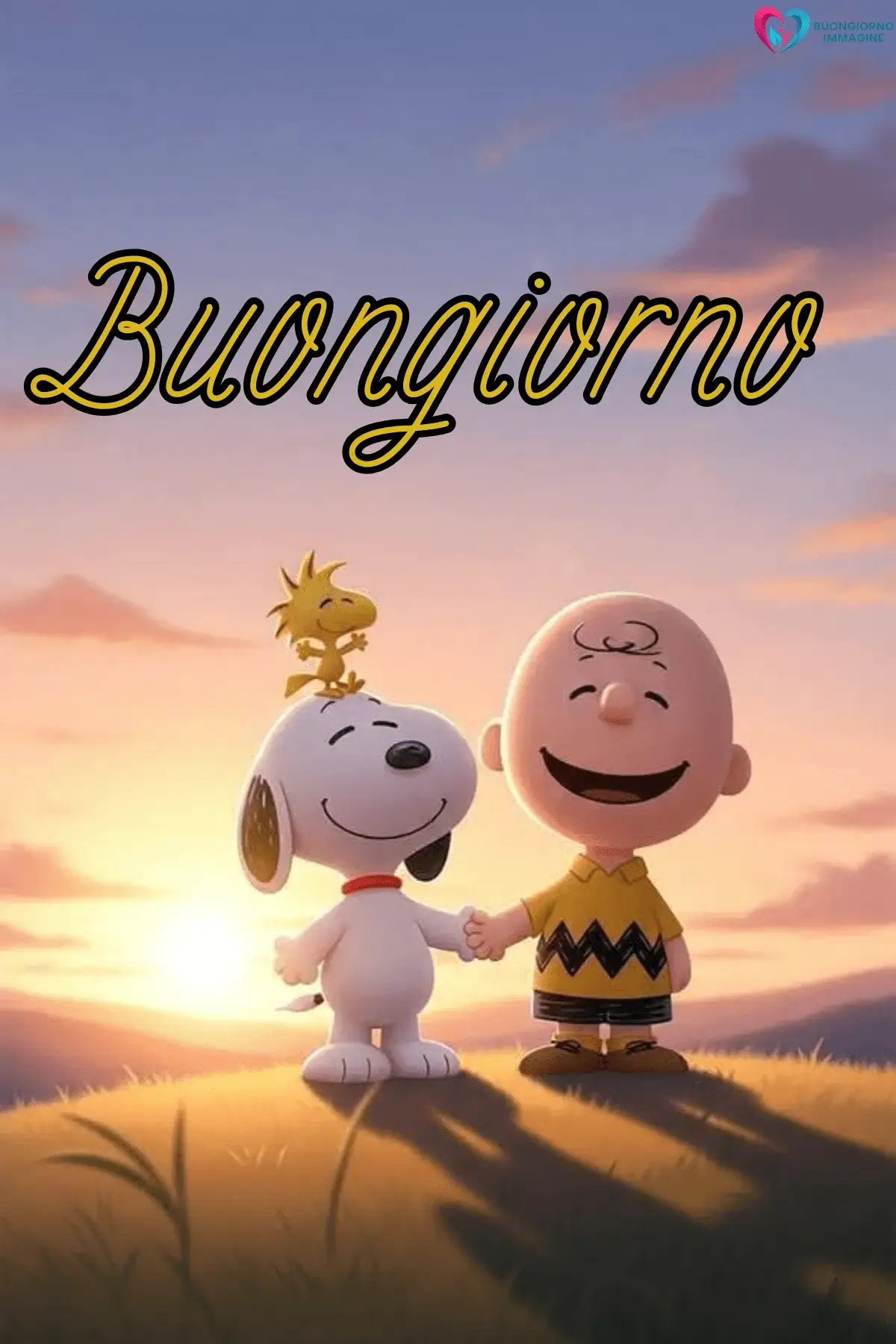 Snoopy e Charlie Brown sorridenti al tramonto con Woodstock, perfetta per immagini buongiorno gratis