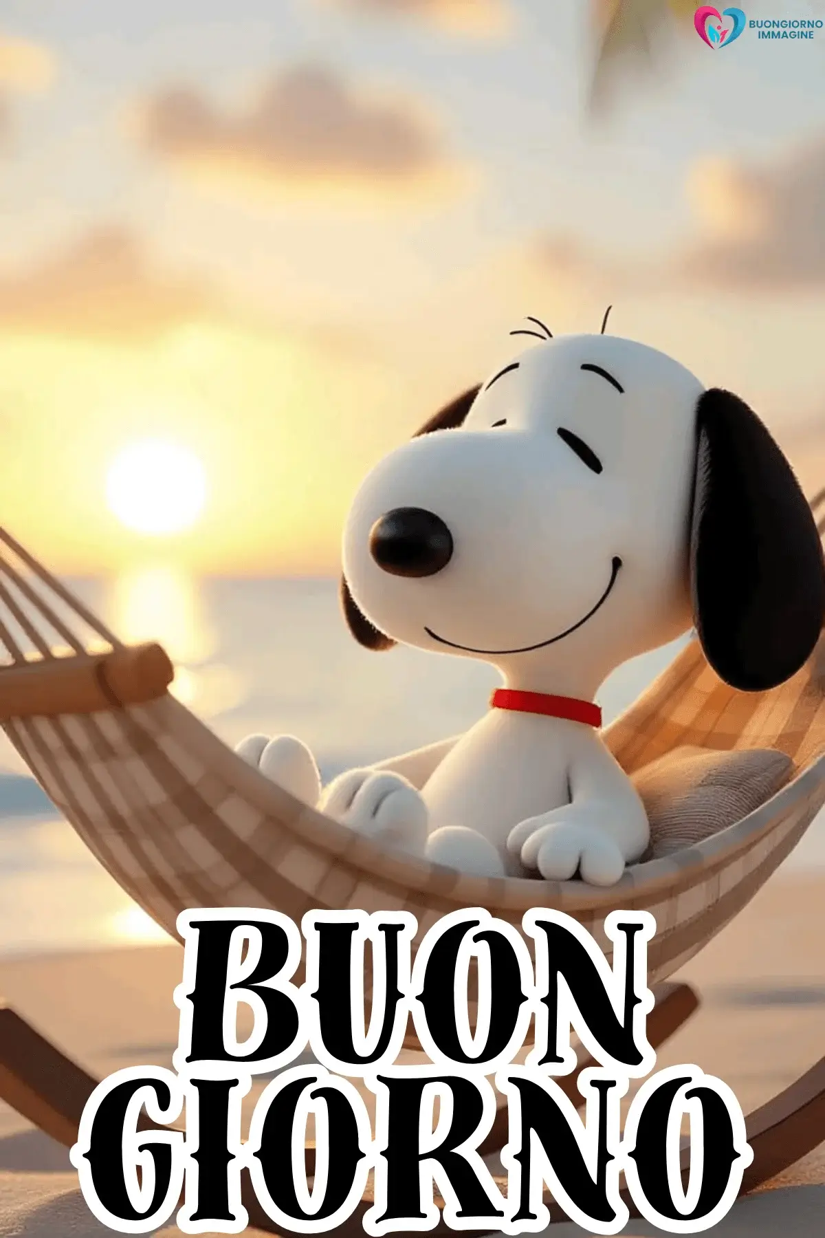 Snoopy felice su un'amaca al tramonto con scritta buongiorno, immagini buongiorno gratis