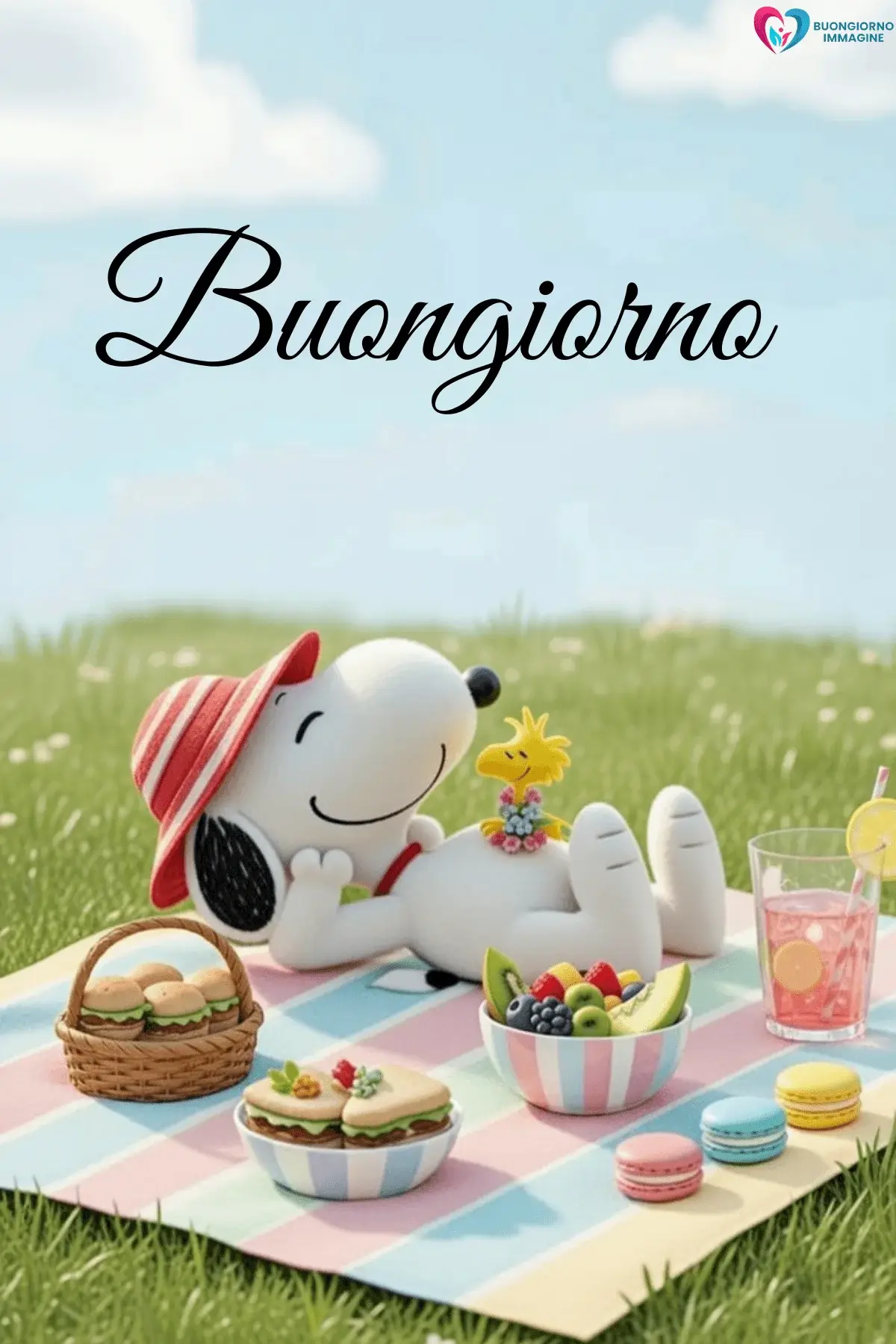 Snoopy con cappello rosso in un picnic soleggiato circondato da frutta, panini e dolcetti, immagini buongiorno gratis