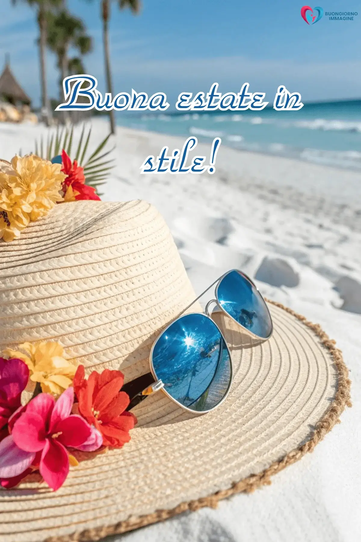 nuove immagini buongiorno estivo cappello paglia occhiali fiori mare