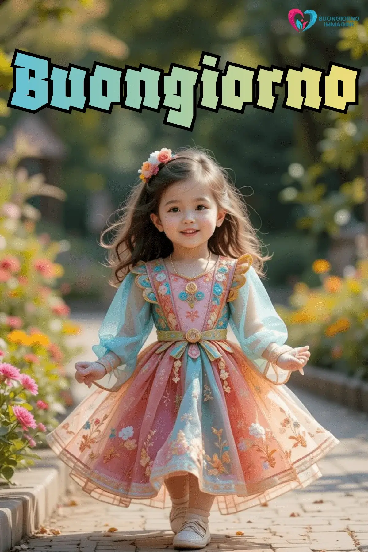 buongiorno bambini cuccioli arcobaleno con bouquet di rose fresche