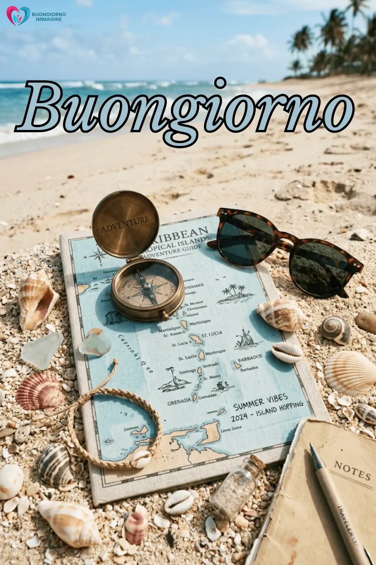 buongiorno estivo tropicale mappa bussola conchiglie sabbia rilassante