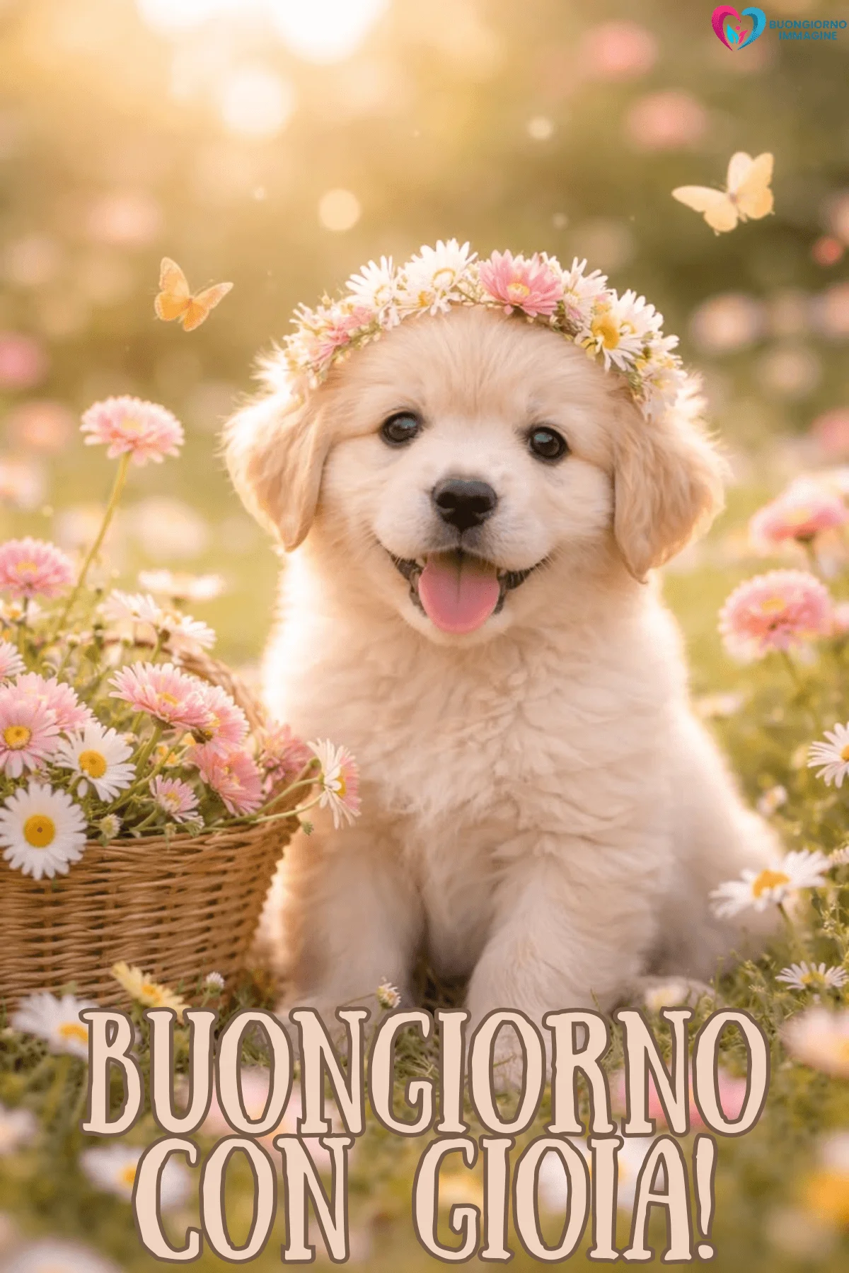 Immagini buongiorno con cucciolo tra i fiori